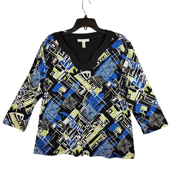 JM Collections Flowy Blouse Womens XL Black Blue Geometric Career Office date - Picture 1 of 9